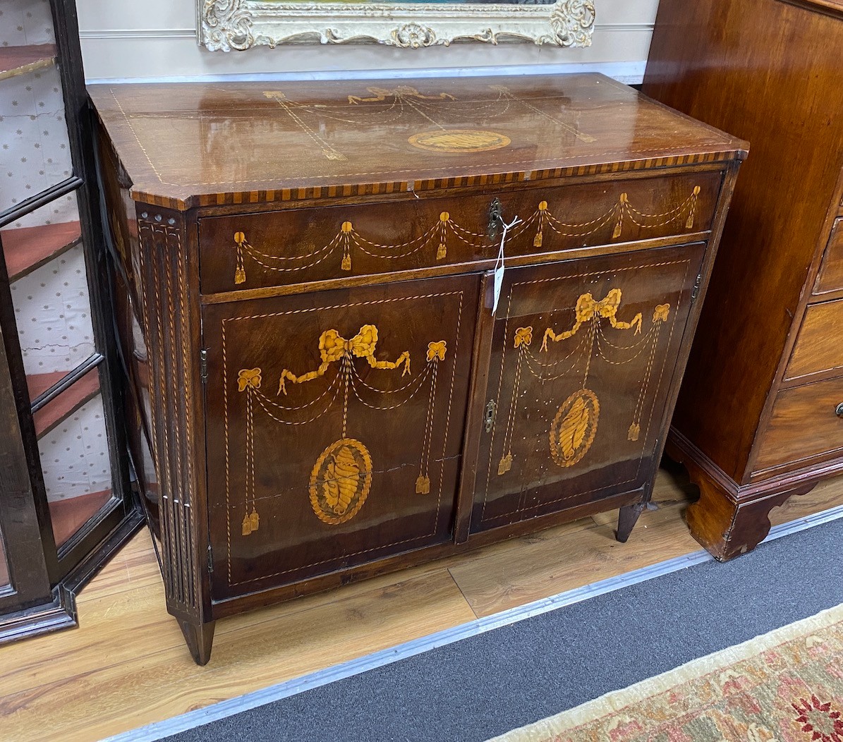 A 19th century Dutch mahogany and marquetry side cabinet width 99cm, depth 49cm, height 87cm